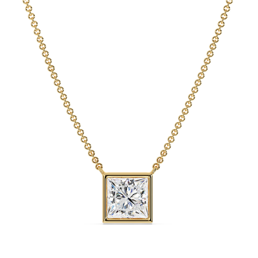 A stunning 2 Carat Princess-Cut Lab-Grown Diamond Bezel-Set Pendant Necklace in vibrant 18K Yellow Gold. The dazzling E/VS IGI-Certified diamond is securely set in a sleek bezel setting, complemented by the warm golden hue of the chain and pendant