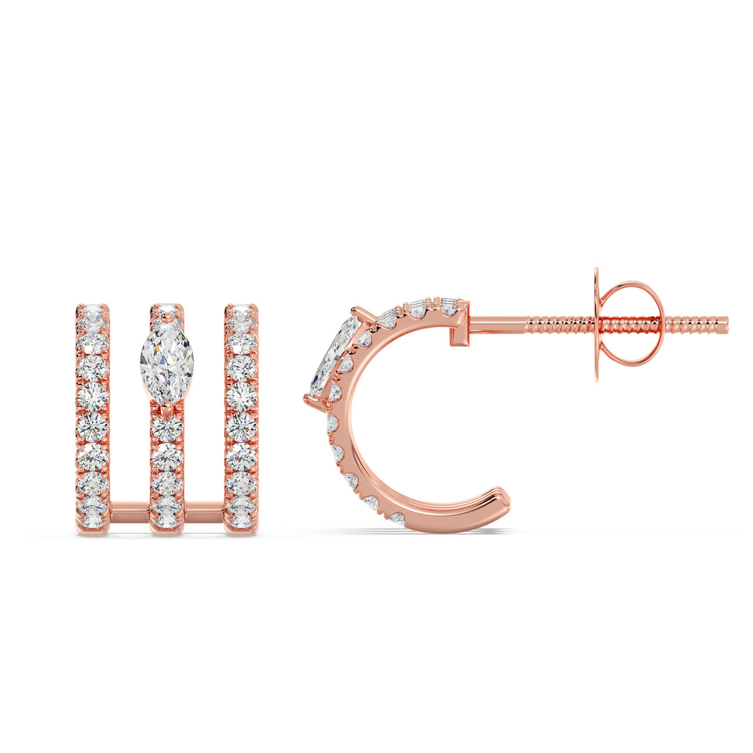 Elegant 3-Line Half Hoop Earrings in 18KT Rose Gold featuring lab-grown round and marquise-cut diamonds, highlighting a warm and sophisticated style
