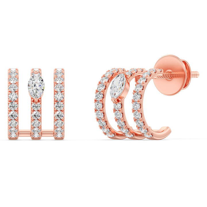 Elegant 3-Line Half Hoop Earrings in 18KT Rose Gold featuring lab-grown round and marquise-cut diamonds, highlighting a warm and sophisticated style
