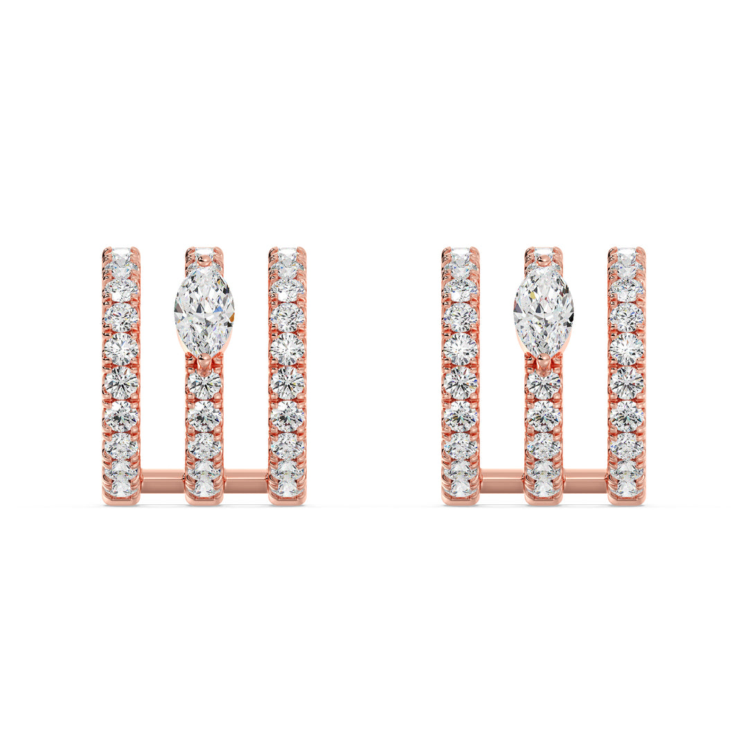 Elegant 3-Line Half Hoop Earrings in 18KT Rose Gold featuring lab-grown round and marquise-cut diamonds, highlighting a warm and sophisticated style