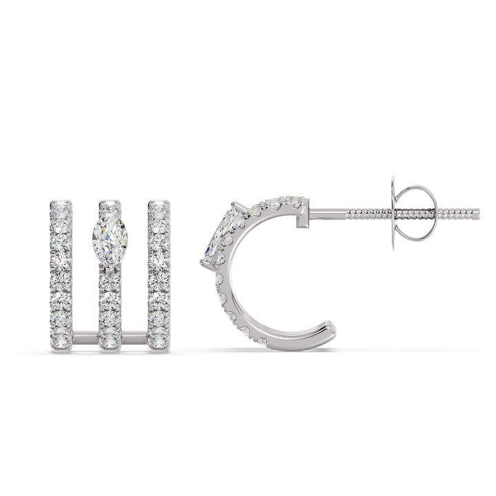 Elegant 3-Line Half Hoop Earrings in 18KT White Gold embellished with lab-grown round and marquise-cut diamonds, offering a classic and refined look