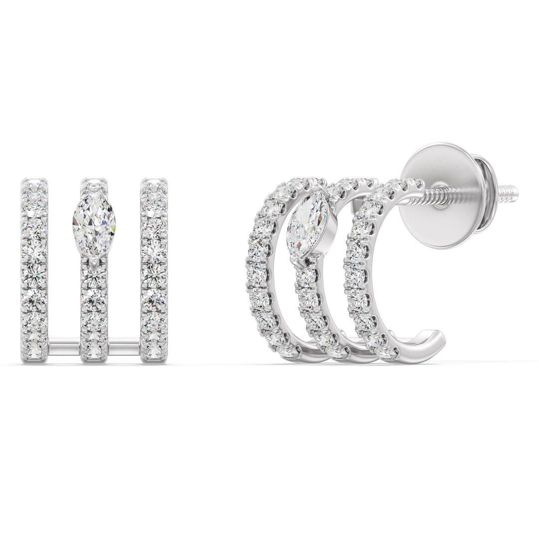 Elegant 3-Line Half Hoop Earrings in 18KT White Gold embellished with lab-grown round and marquise-cut diamonds, offering a classic and refined look