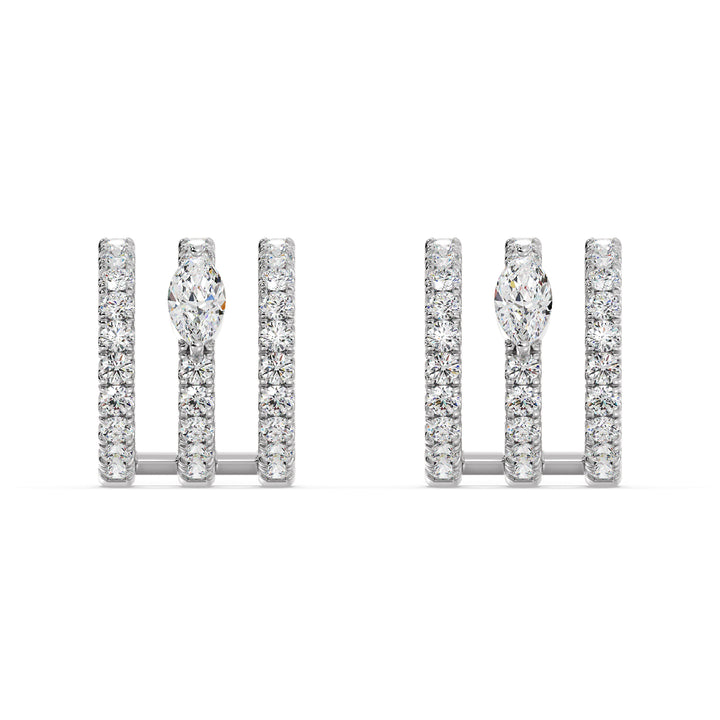 Elegant 3-Line Half Hoop Earrings in 18KT White Gold embellished with lab-grown round and marquise-cut diamonds, offering a classic and refined look
