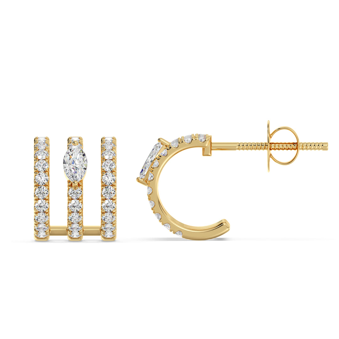Elegant 3-Line Half Hoop Earrings in 18KT Yellow Gold adorned with lab-grown round and marquise-cut diamonds, showcasing a timeless and radiant design