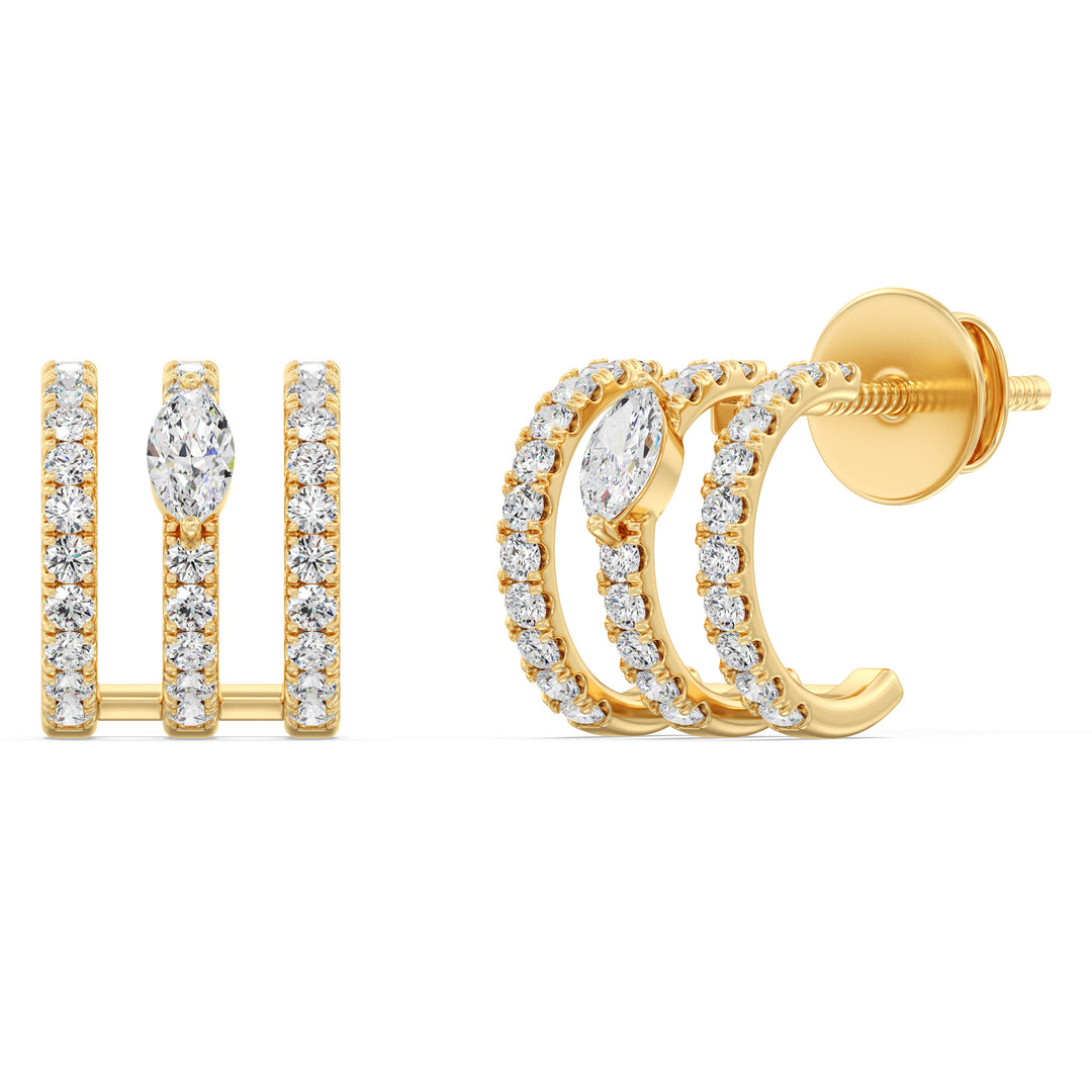 Elegant 3-Line Half Hoop Earrings in 18KT Yellow Gold adorned with lab-grown round and marquise-cut diamonds, showcasing a timeless and radiant design
