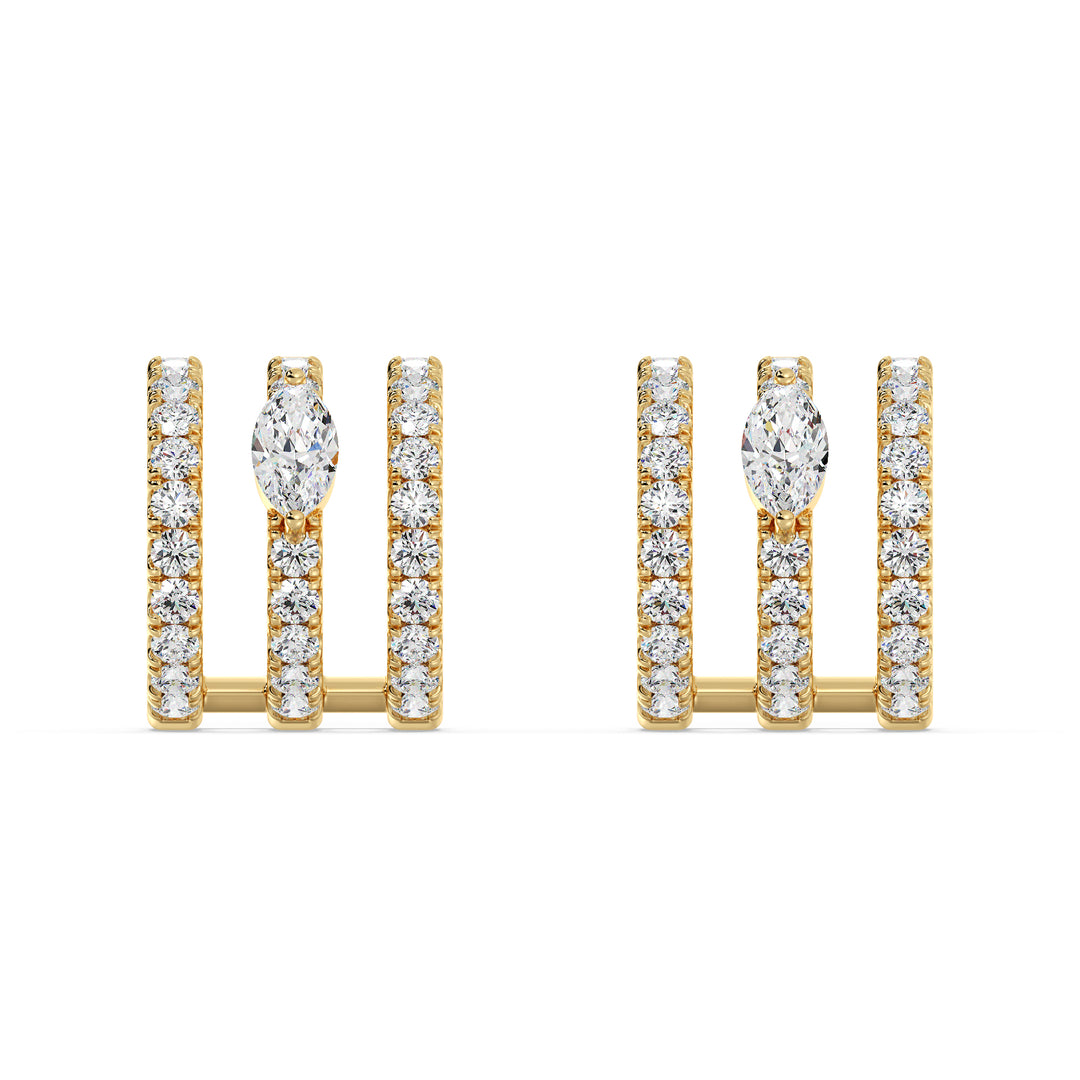 Elegant 3-Line Half Hoop Earrings in 18KT Yellow Gold adorned with lab-grown round and marquise-cut diamonds, showcasing a timeless and radiant design
