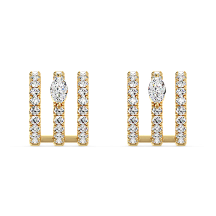 Elegant 3-Line Half Hoop Earrings in 18KT Yellow Gold adorned with lab-grown round and marquise-cut diamonds, showcasing a timeless and radiant design