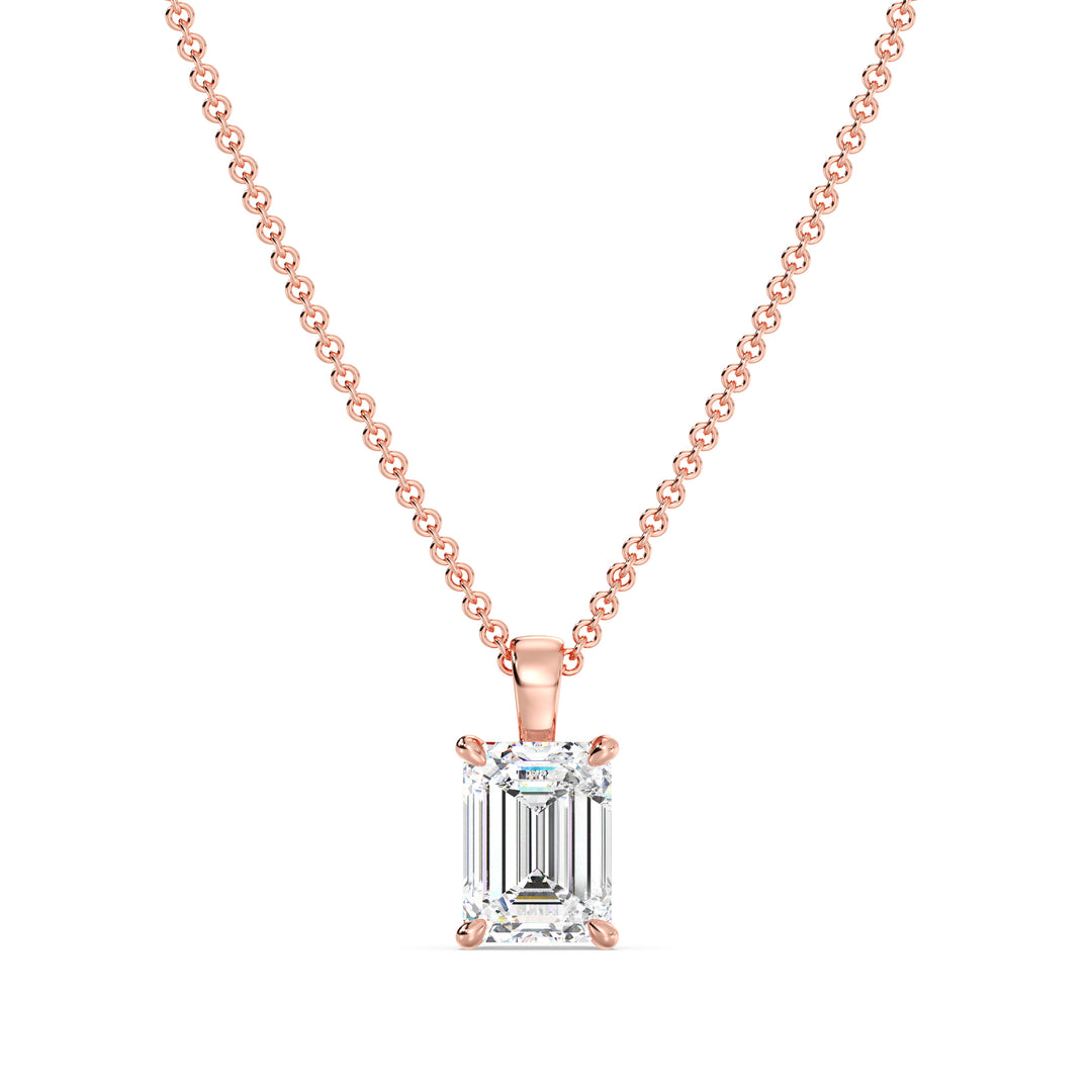 Elegant Emerald-Cut Lab-Grown Diamond Solitaire Pendant in 18K Rose Gold with 4-Prong Setting, IGI Certified, radiating modern elegance