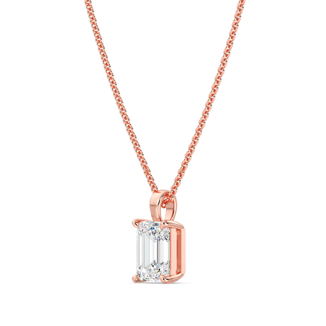 Elegant Emerald-Cut Lab-Grown Diamond Solitaire Pendant in 18K Rose Gold with 4-Prong Setting, IGI Certified, radiating modern elegance