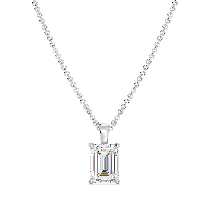 Elegant Emerald-Cut Lab-Grown Diamond Solitaire Pendant in 18K White Gold with 4-Prong Setting, IGI Certified, exuding classic brilliance.