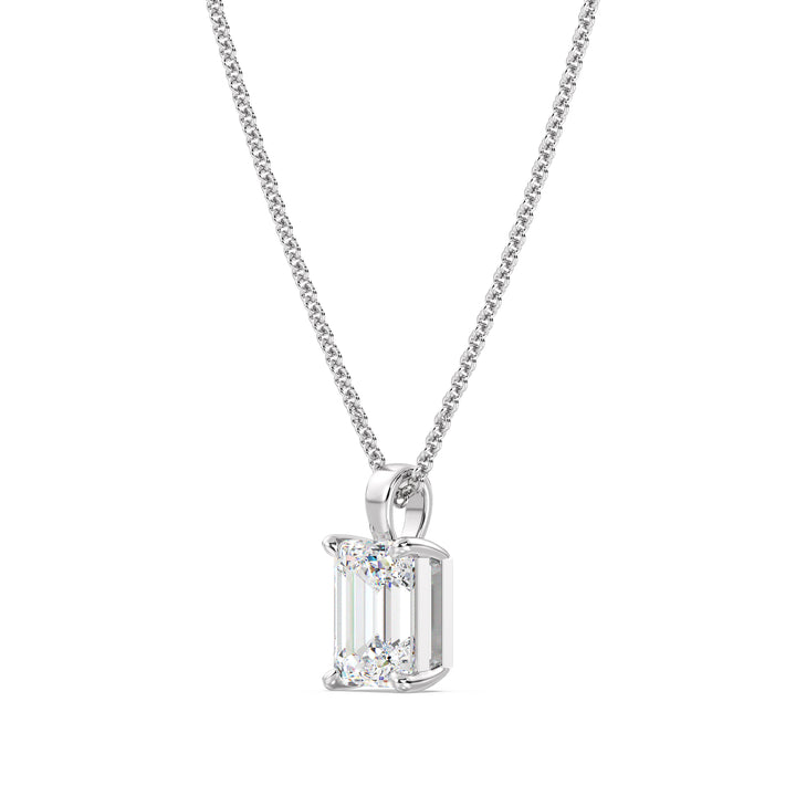 Elegant Emerald-Cut Lab-Grown Diamond Solitaire Pendant in 18K White Gold with 4-Prong Setting, IGI Certified, exuding classic brilliance.