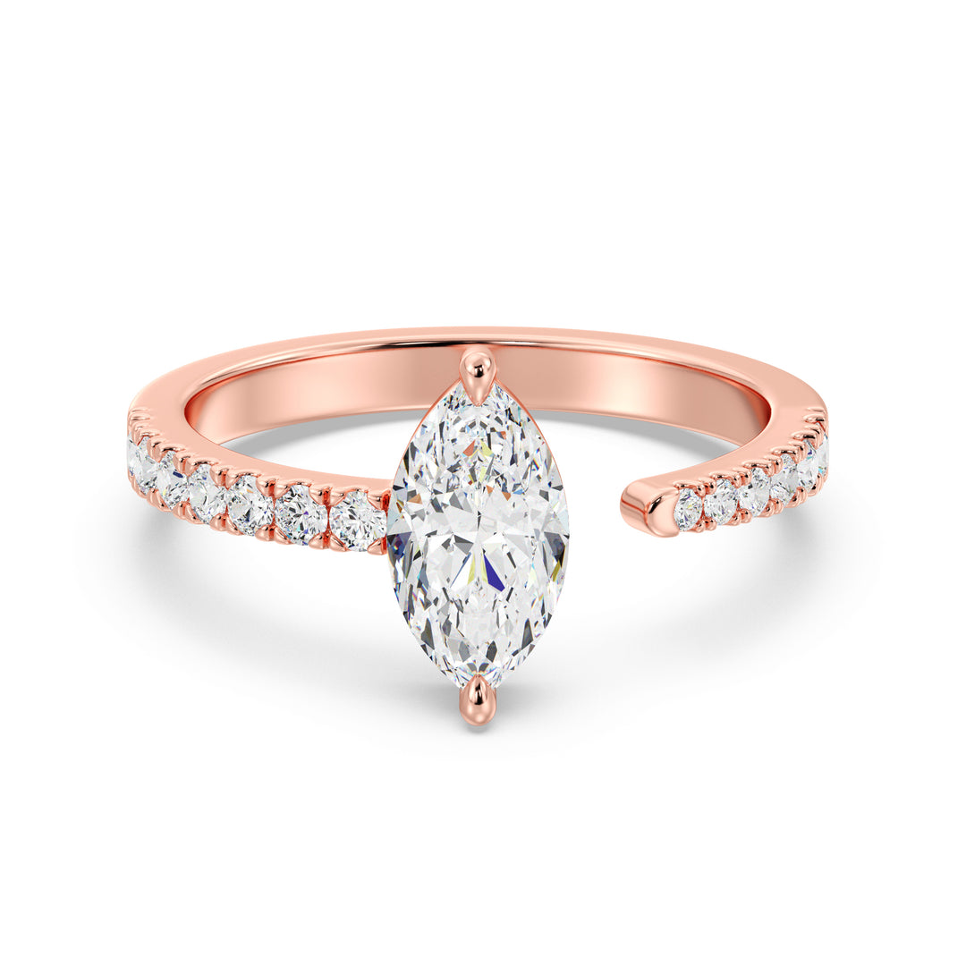 Sophisticated Marquise-Cut Lab-Grown Diamond Open Cuff Pavé Engagement Ring in 18K Rose Gold with a dazzling marquise diamond and pavé details
