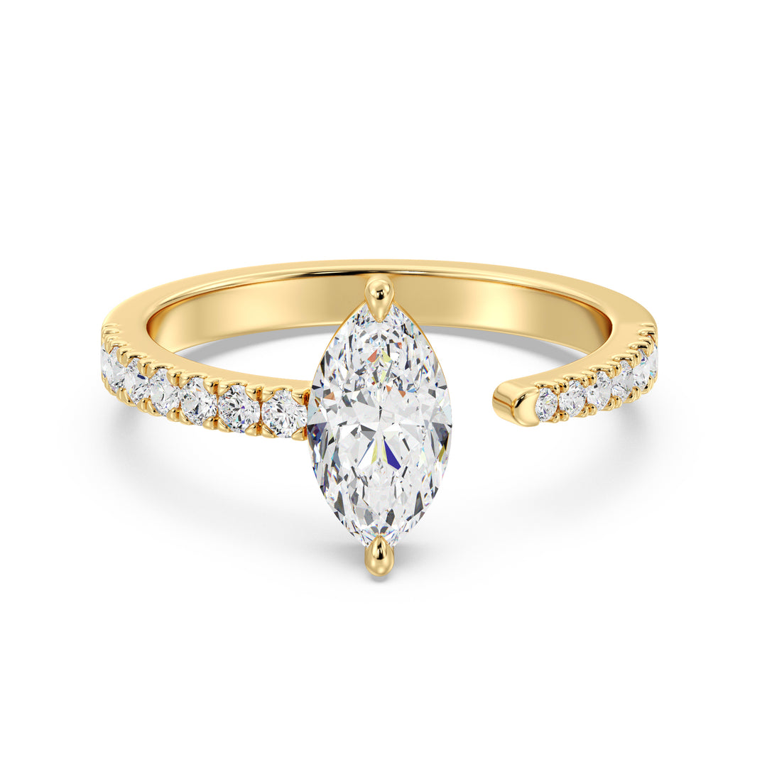 Elegant Marquise-Cut Lab-Grown Diamond Open Cuff Pavé Engagement Ring in 18K Yellow Gold featuring a stunning marquise center stone and sparkling pavé accents