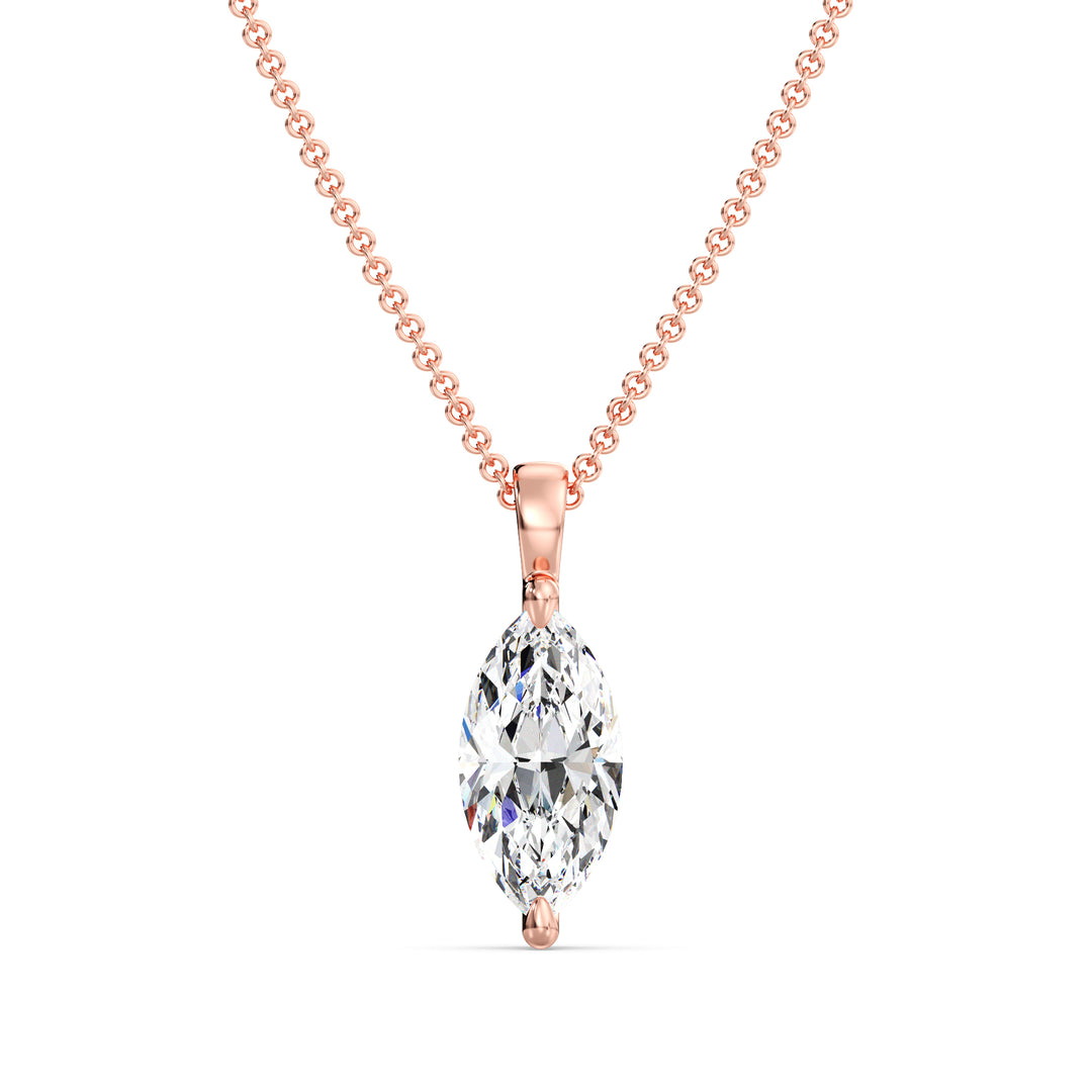 Elegant Marquise-Cut Lab-Grown Diamond Solitaire Pendant in 18K Rose Gold with a timeless two-claw prong setting, highlighting a stunning marquise-cut diamond