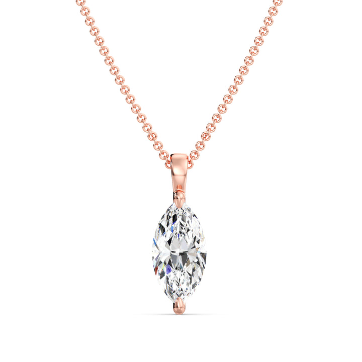 Elegant Marquise-Cut Lab-Grown Diamond Solitaire Pendant in 18K Rose Gold with a timeless two-claw prong setting, highlighting a stunning marquise-cut diamond
