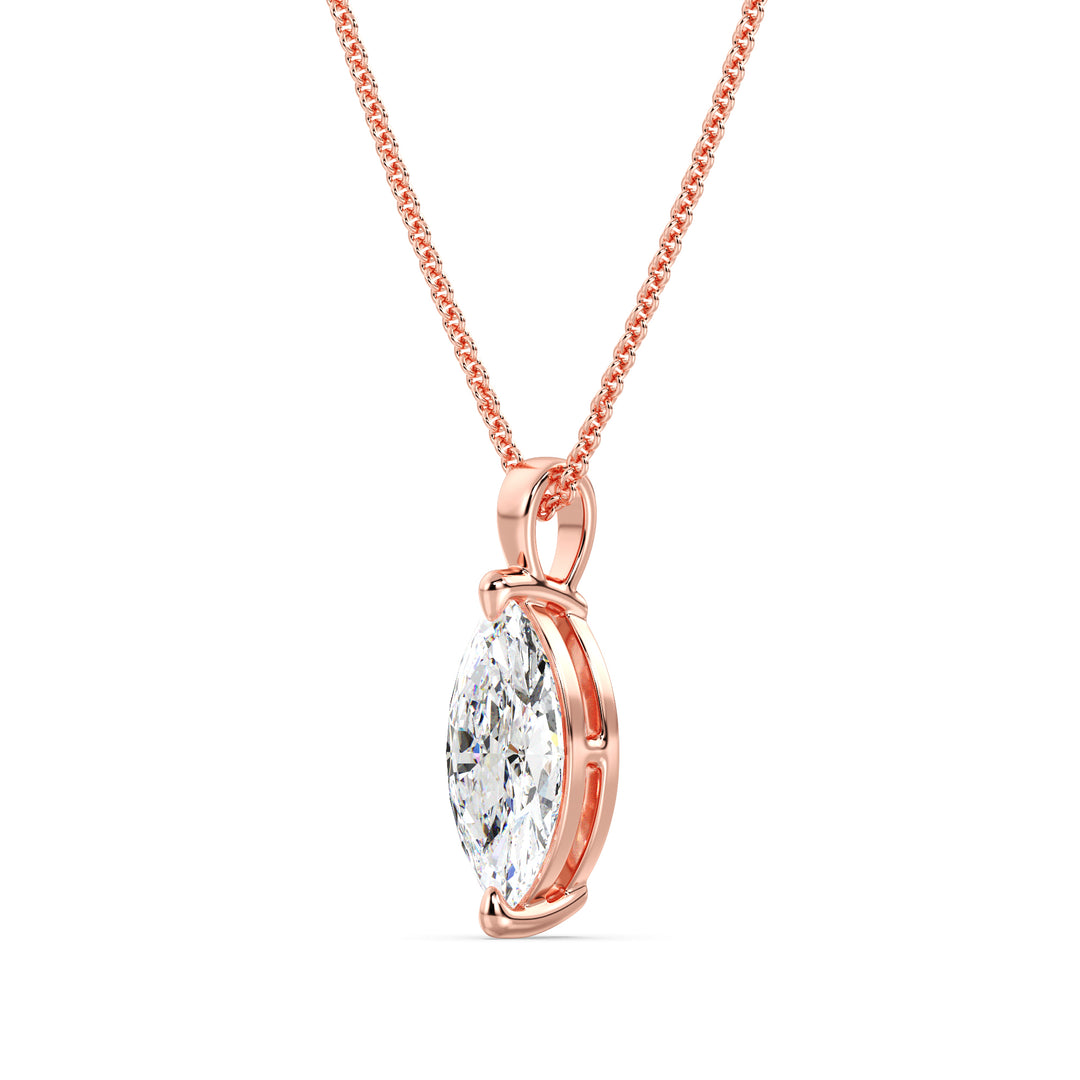 Elegant Marquise-Cut Lab-Grown Diamond Solitaire Pendant in 18K Rose Gold with a timeless two-claw prong setting, highlighting a stunning marquise-cut diamond