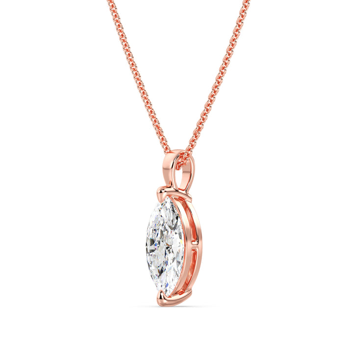 Elegant Marquise-Cut Lab-Grown Diamond Solitaire Pendant in 18K Rose Gold with a timeless two-claw prong setting, highlighting a stunning marquise-cut diamond