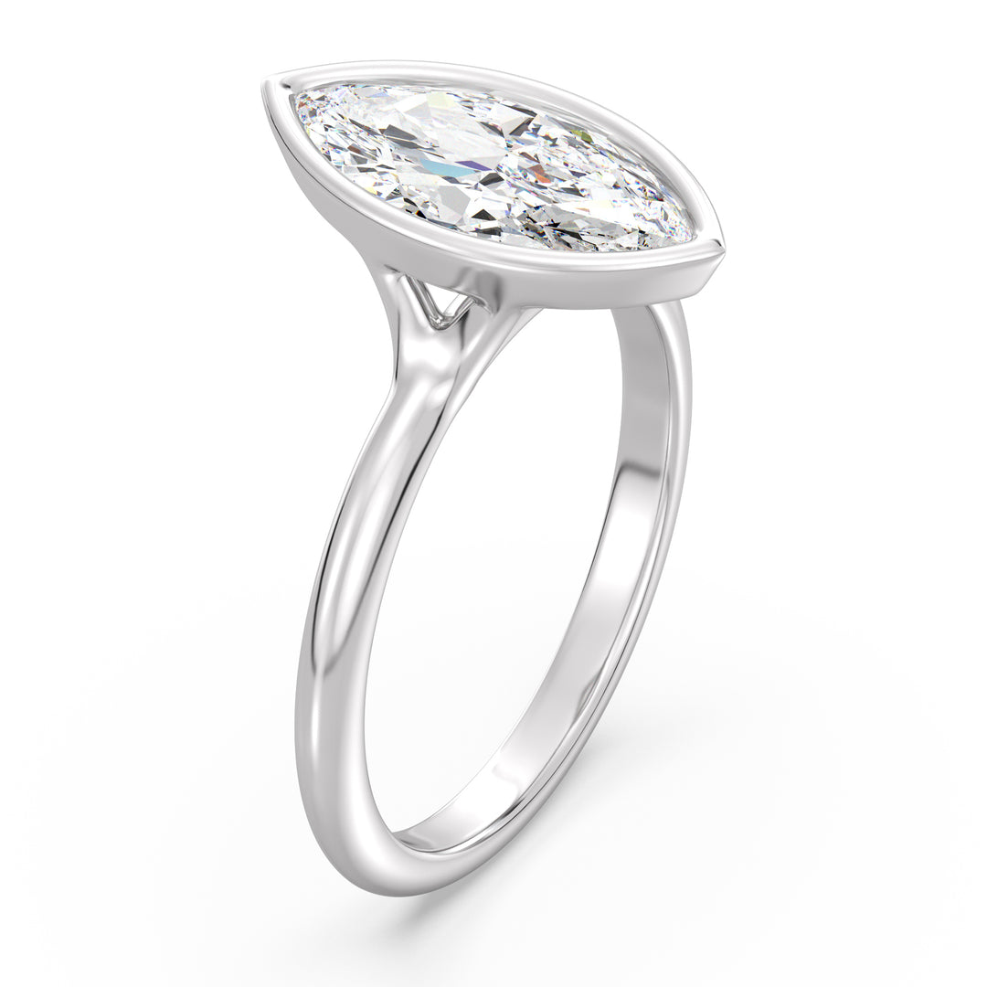 Elegant Marquise-Cut Bezel-Set Lab-Grown Diamond Solitaire Ring in 18K White Gold, highlighting a sleek and sophisticated design with a brilliant marquise-cut diamond