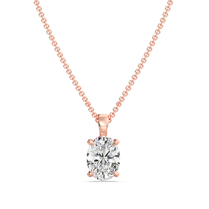 Elegant Oval-Cut Lab-Grown Diamond Solitaire Pendant in 18K Rose Gold with a timeless 4-claw setting, highlighting the brilliant oval diamond and the romantic blush tone of rose gold.