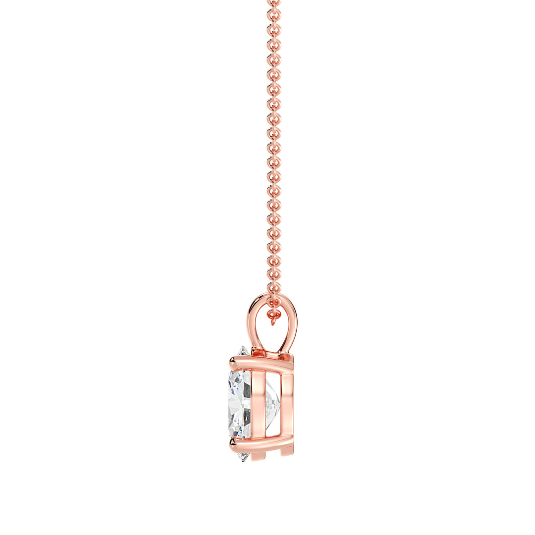 Elegant Oval-Cut Lab-Grown Diamond Solitaire Pendant in 18K Rose Gold with a timeless 4-claw setting, highlighting the brilliant oval diamond and the romantic blush tone of rose gold.