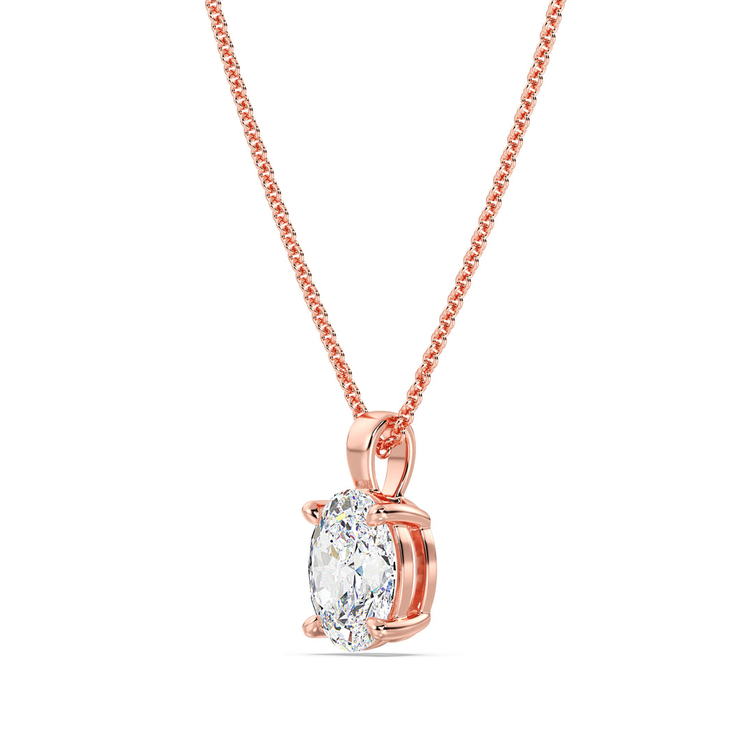 Elegant Oval-Cut Lab-Grown Diamond Solitaire Pendant in 18K Rose Gold with a timeless 4-claw setting, highlighting the brilliant oval diamond and the romantic blush tone of rose gold.