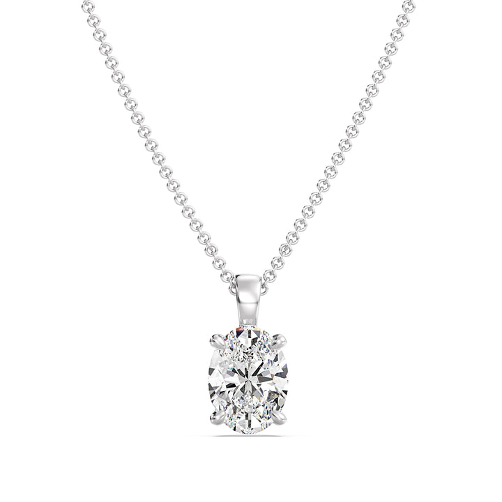 Elegant Oval-Cut Lab-Grown Diamond Solitaire Pendant in 18K White Gold with a sleek 4-claw setting, featuring a sparkling oval diamond and the modern shine of white gold.