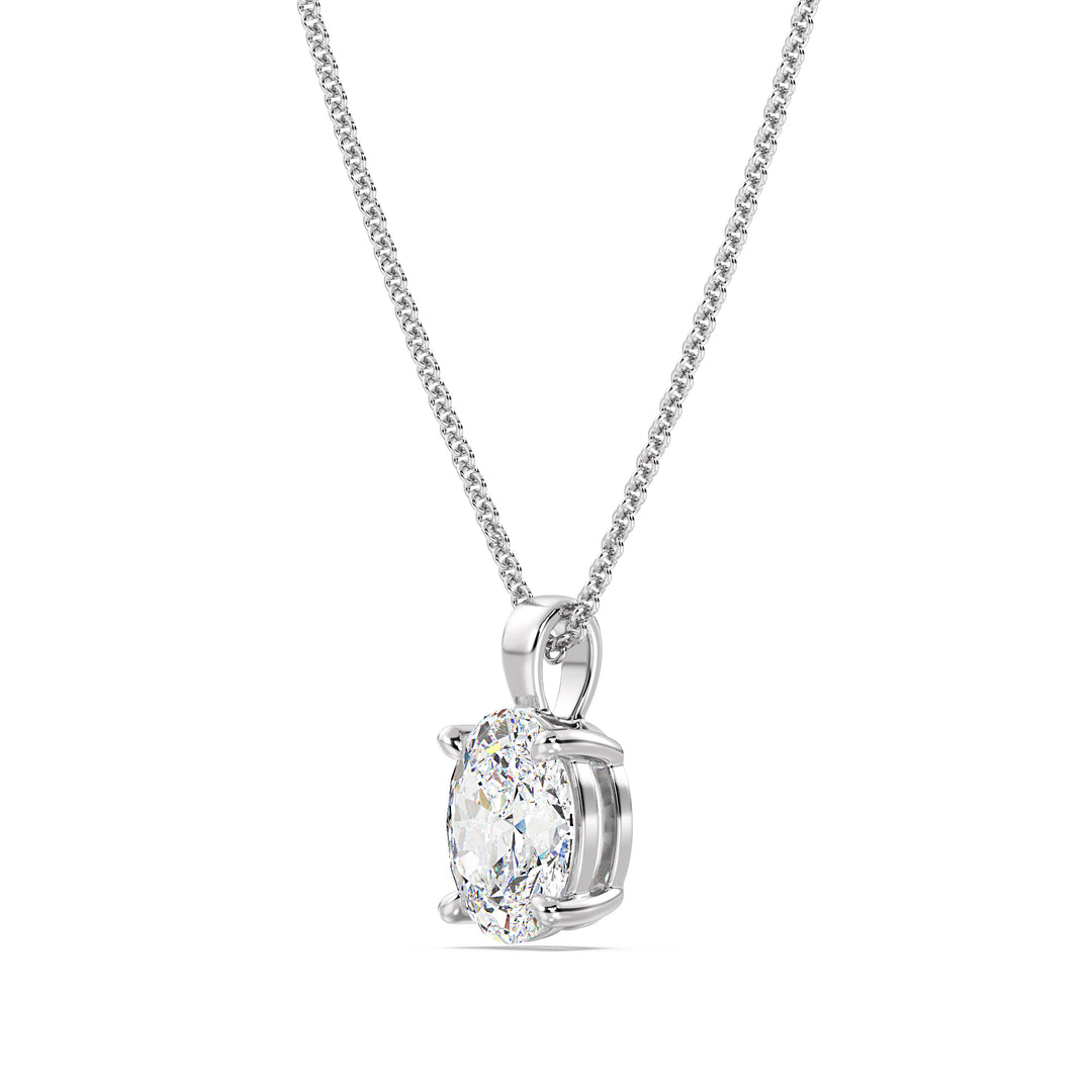 Elegant Oval-Cut Lab-Grown Diamond Solitaire Pendant in 18K White Gold with a sleek 4-claw setting, featuring a sparkling oval diamond and the modern shine of white gold.