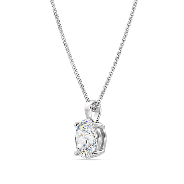 Elegant Oval-Cut Lab-Grown Diamond Solitaire Pendant in 18K White Gold with a sleek 4-claw setting, featuring a sparkling oval diamond and the modern shine of white gold.