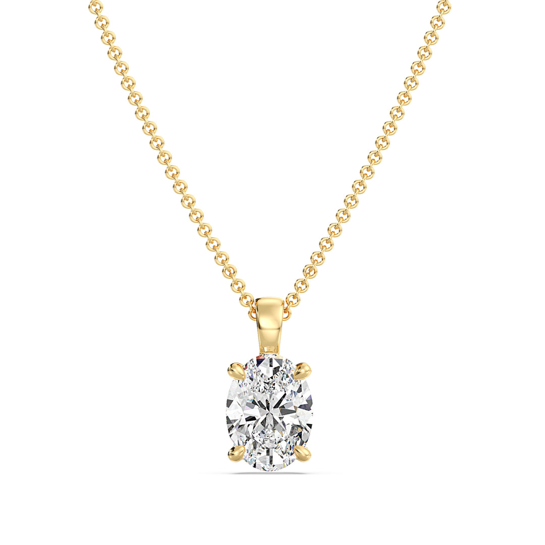 Elegant Oval-Cut Lab-Grown Diamond Solitaire Pendant in 18K Yellow Gold with a classic 4-claw setting, showcasing a radiant oval diamond and the warm glow of yellow gold.
