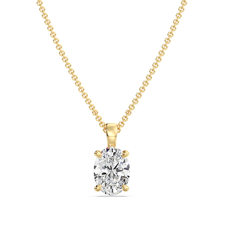 Elegant Oval-Cut Lab-Grown Diamond Solitaire Pendant in 18K Yellow Gold with a classic 4-claw setting, showcasing a radiant oval diamond and the warm glow of yellow gold.