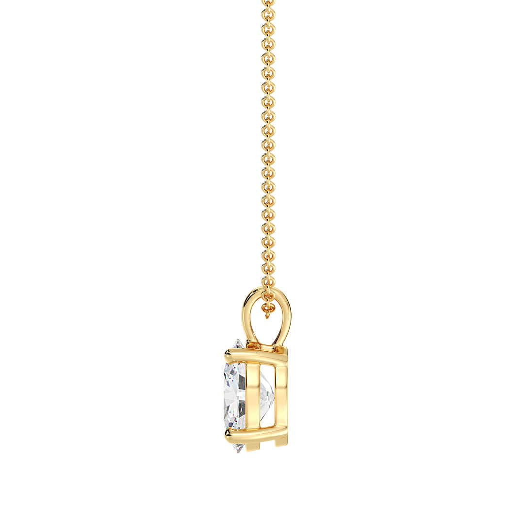Elegant Oval-Cut Lab-Grown Diamond Solitaire Pendant in 18K Yellow Gold with a classic 4-claw setting, showcasing a radiant oval diamond and the warm glow of yellow gold.