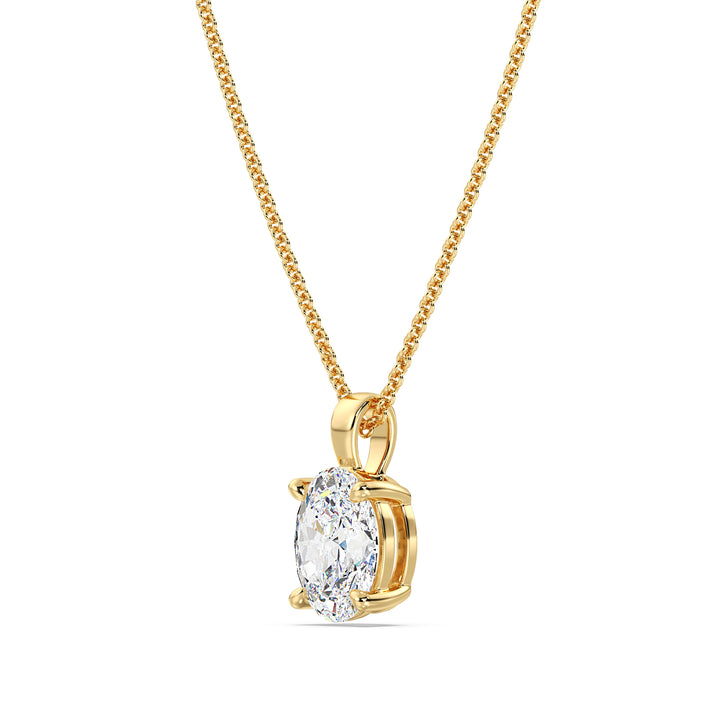 Elegant Oval-Cut Lab-Grown Diamond Solitaire Pendant in 18K Yellow Gold with a classic 4-claw setting, showcasing a radiant oval diamond and the warm glow of yellow gold.
