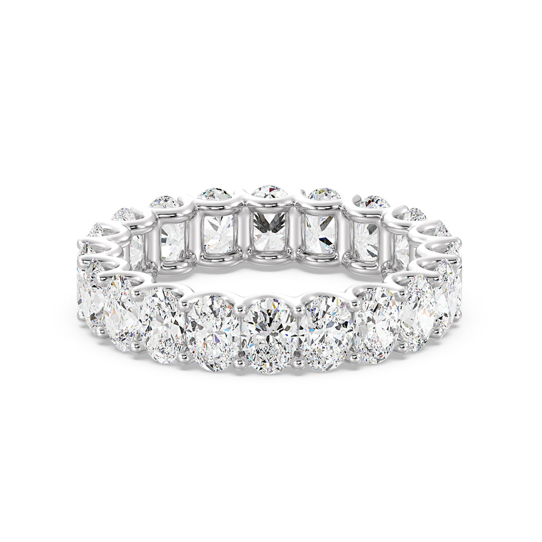 Timeless Oval Lab-Grown Diamond Scallop Eternity Band in 18K White Gold showcasing 20 brilliant oval-shaped diamonds in a shared prong setting with a scalloped side profile.