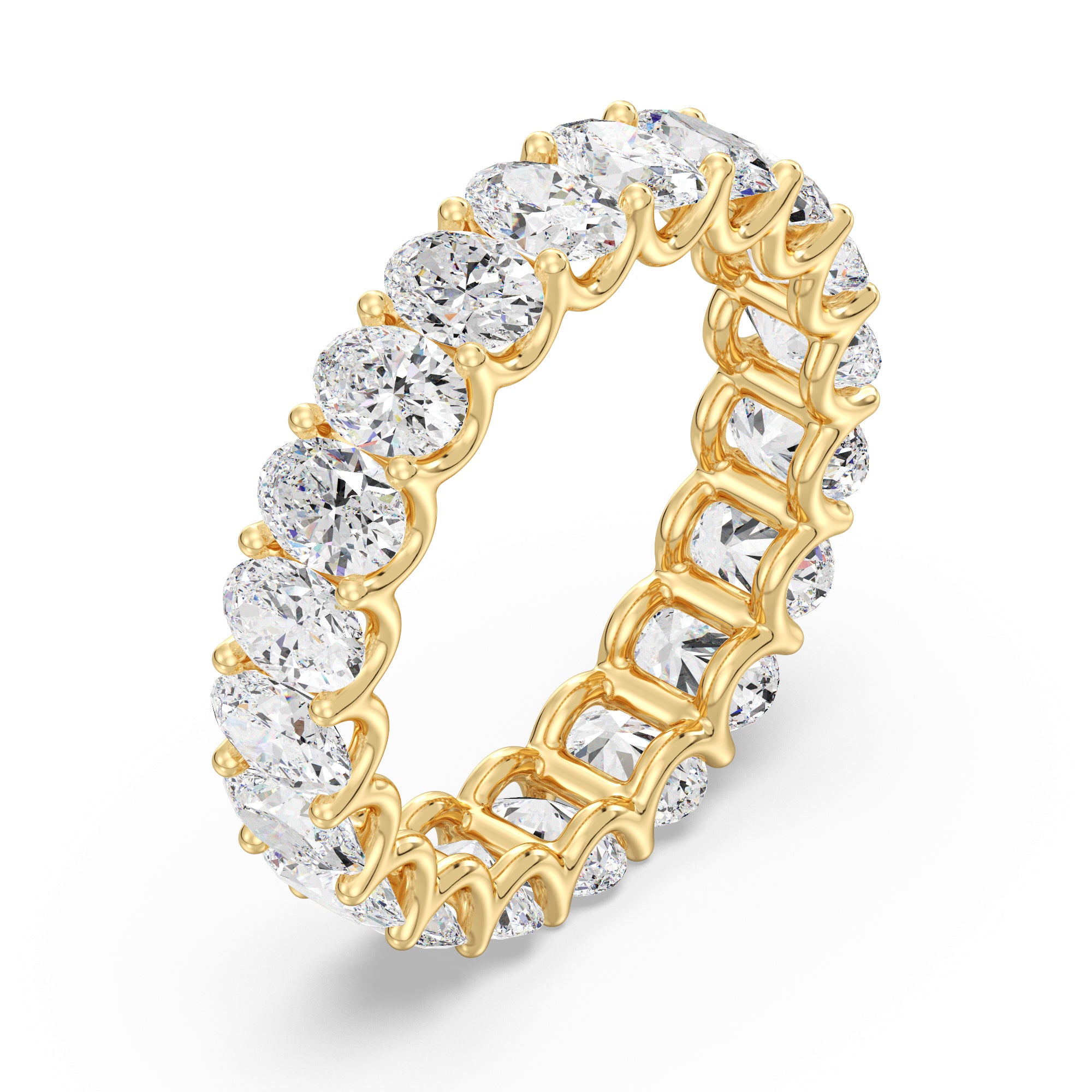 Elegant Oval Lab-Grown Diamond Scallop Eternity Band in 18K Yellow Gold featuring 20 sparkling oval-shaped diamonds with a delicate scalloped side profile
