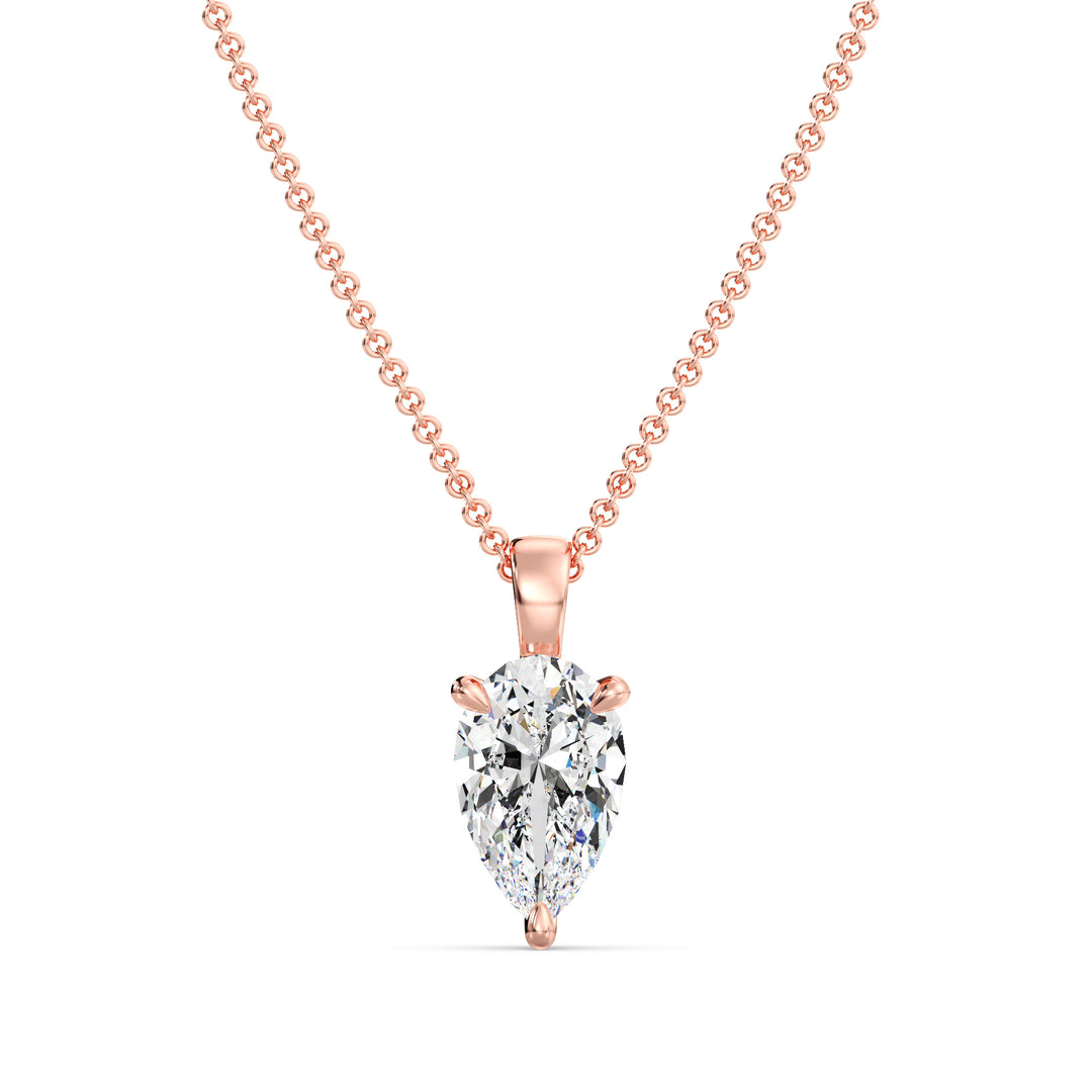 Pear-Cut Lab-Grown Diamond Solitaire Pendant in 18K Rose Gold featuring a sophisticated 3-claw prong setting, highlighting a radiant EF color, VS clarity diamond.