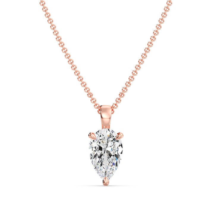 Pear-Cut Lab-Grown Diamond Solitaire Pendant in 18K Rose Gold featuring a sophisticated 3-claw prong setting, highlighting a radiant EF color, VS clarity diamond.