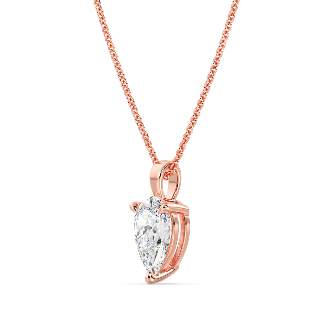 Pear-Cut Lab-Grown Diamond Solitaire Pendant in 18K Rose Gold featuring a sophisticated 3-claw prong setting, highlighting a radiant EF color, VS clarity diamond.