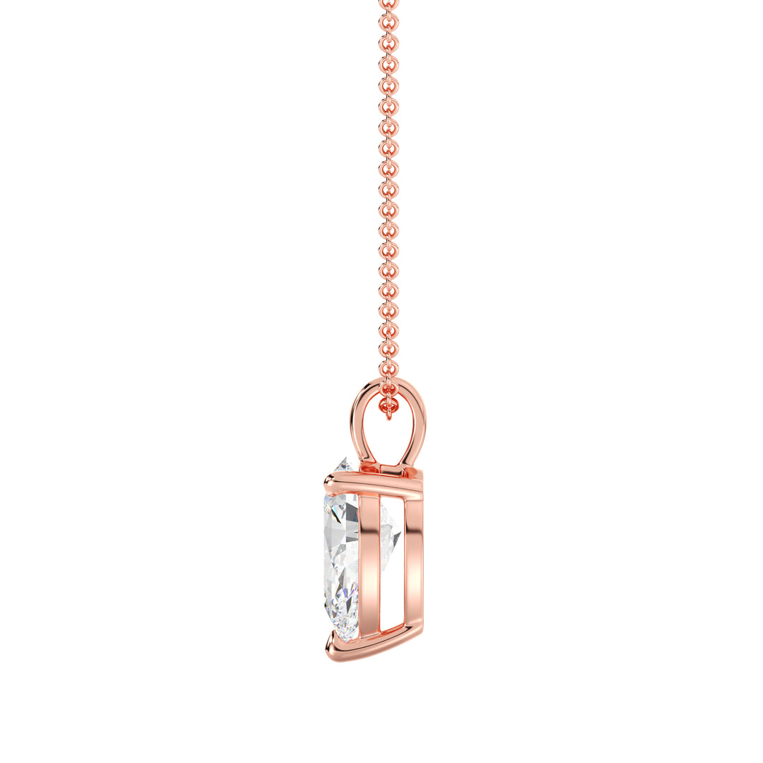 Pear-Cut Lab-Grown Diamond Solitaire Pendant in 18K Rose Gold featuring a sophisticated 3-claw prong setting, highlighting a radiant EF color, VS clarity diamond.