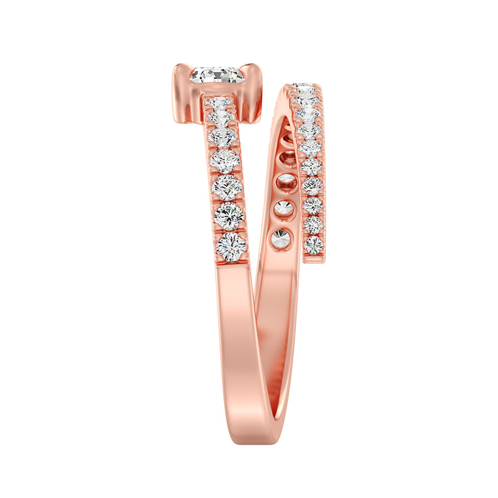 Stylish pear-shaped lab-grown diamond adjustable open cuff ring in 18K rose gold featuring a 0.50-carat pear-shaped diamond and round-cut diamond accents