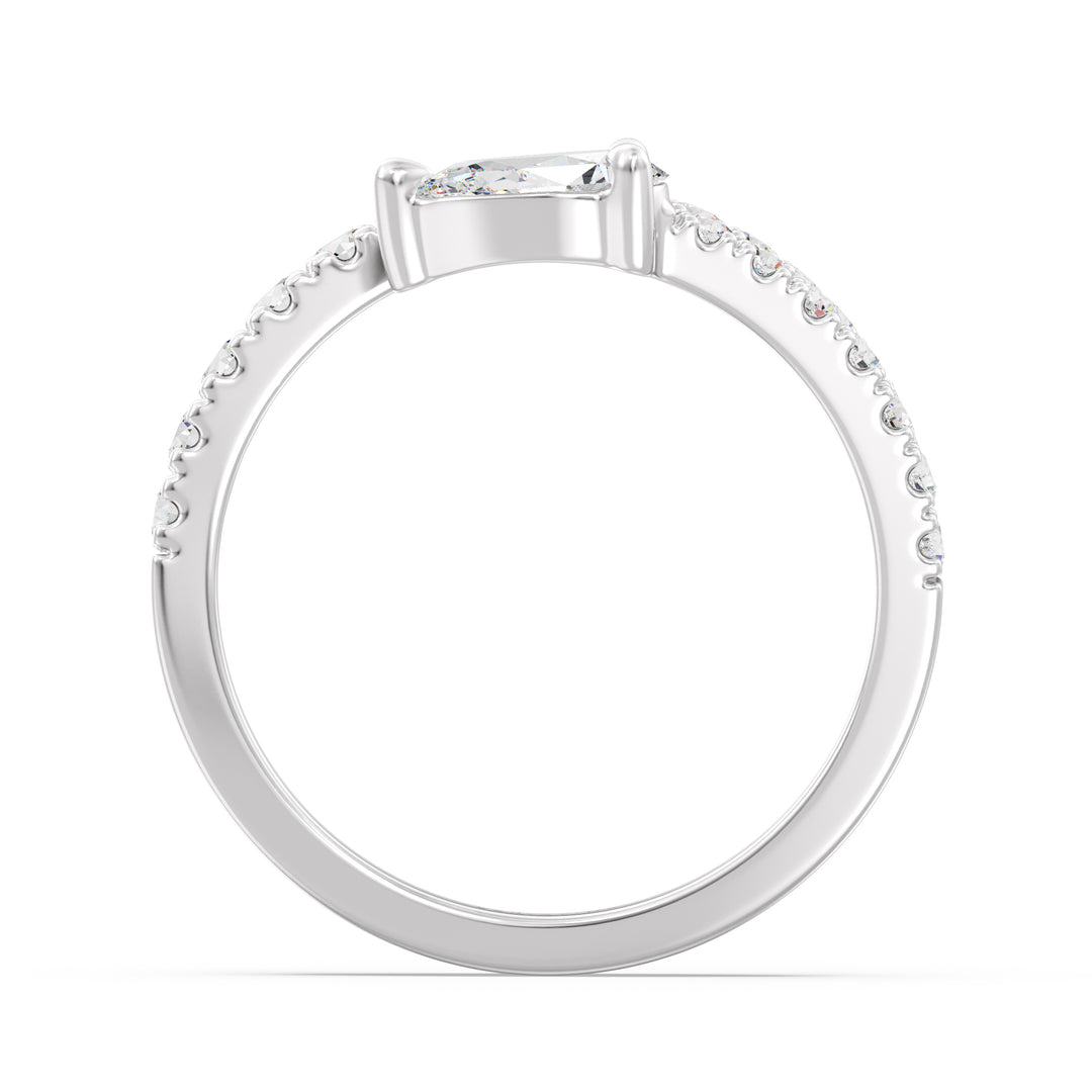 Modern pear-shaped lab-grown diamond adjustable open cuff ring in 18K white gold with a 0.50-carat pear-shaped diamond and sparkling round-cut diamond accents