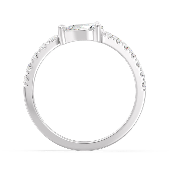 Modern pear-shaped lab-grown diamond adjustable open cuff ring in 18K white gold with a 0.50-carat pear-shaped diamond and sparkling round-cut diamond accents