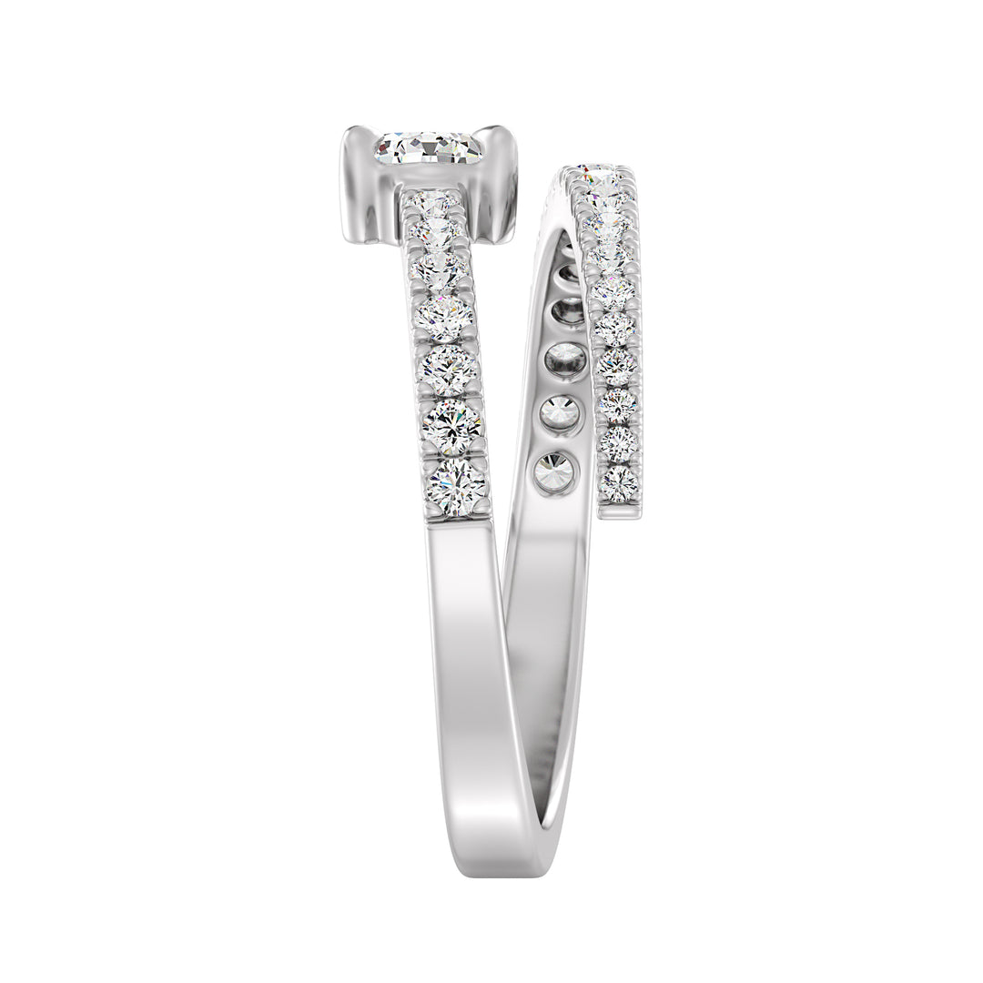 Modern pear-shaped lab-grown diamond adjustable open cuff ring in 18K white gold with a 0.50-carat pear-shaped diamond and sparkling round-cut diamond accents