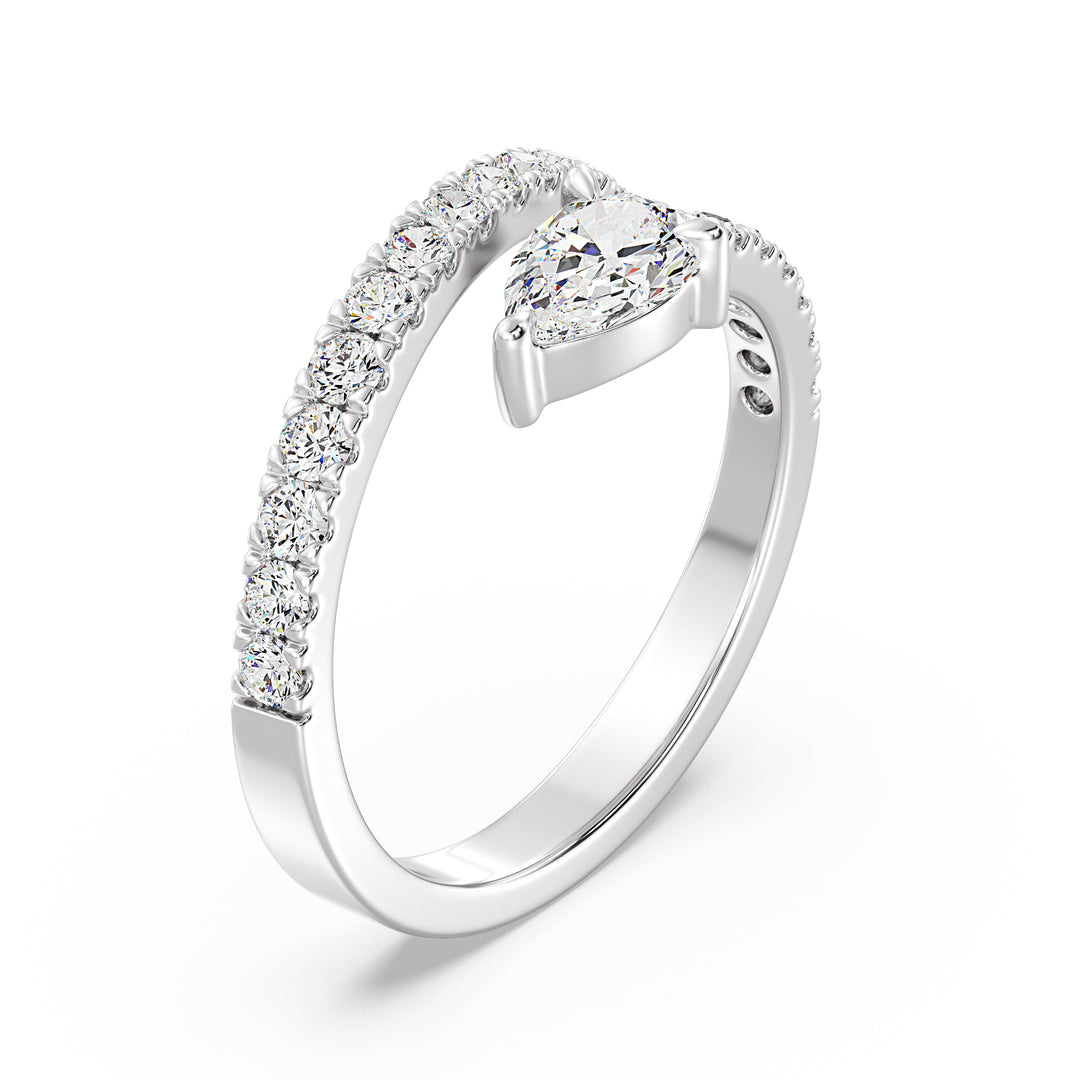 Modern pear-shaped lab-grown diamond adjustable open cuff ring in 18K white gold with a 0.50-carat pear-shaped diamond and sparkling round-cut diamond accents
