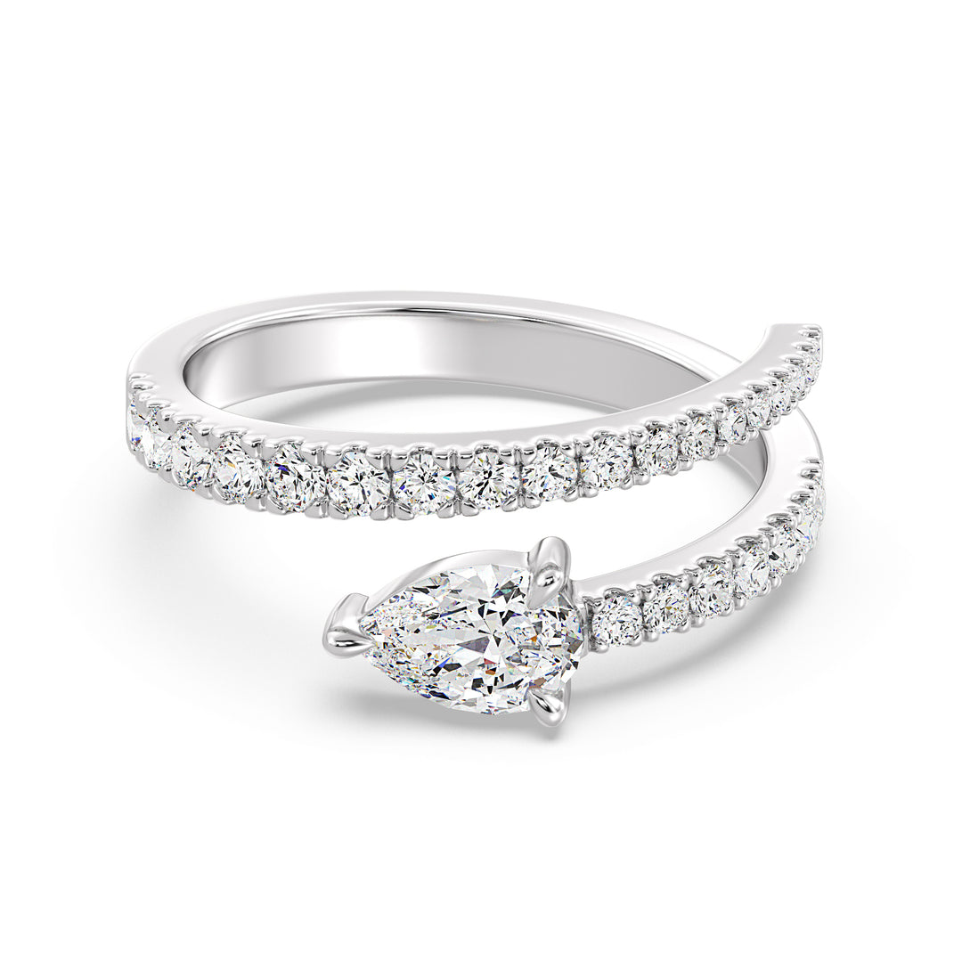 Modern pear-shaped lab-grown diamond adjustable open cuff ring in 18K white gold with a 0.50-carat pear-shaped diamond and sparkling round-cut diamond accents
