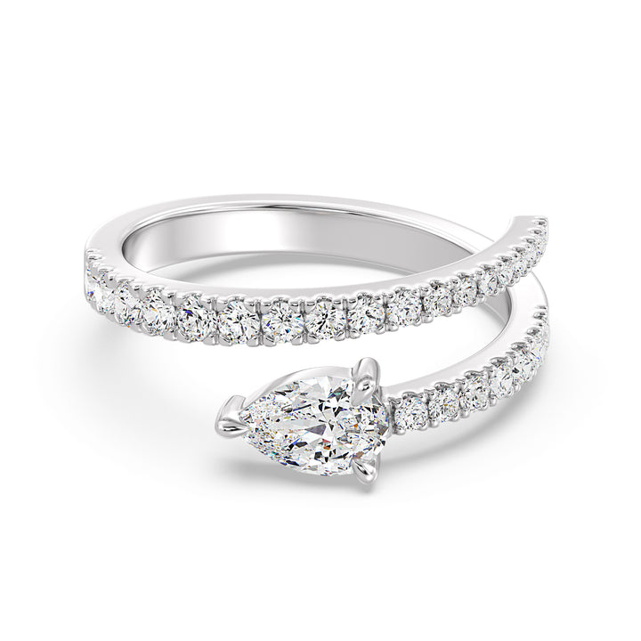 Modern pear-shaped lab-grown diamond adjustable open cuff ring in 18K white gold with a 0.50-carat pear-shaped diamond and sparkling round-cut diamond accents