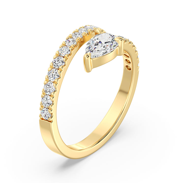 Elegant pear-shaped lab-grown diamond adjustable open cuff ring in 18K yellow gold with a 0.50-carat pear-shaped diamond centerpiece and round-cut accent diamonds