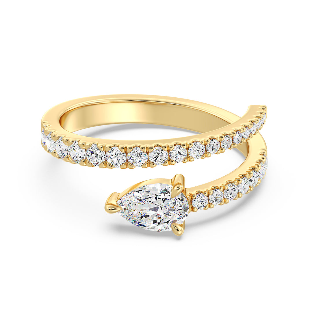 Elegant pear-shaped lab-grown diamond adjustable open cuff ring in 18K yellow gold with a 0.50-carat pear-shaped diamond centerpiece and round-cut accent diamonds