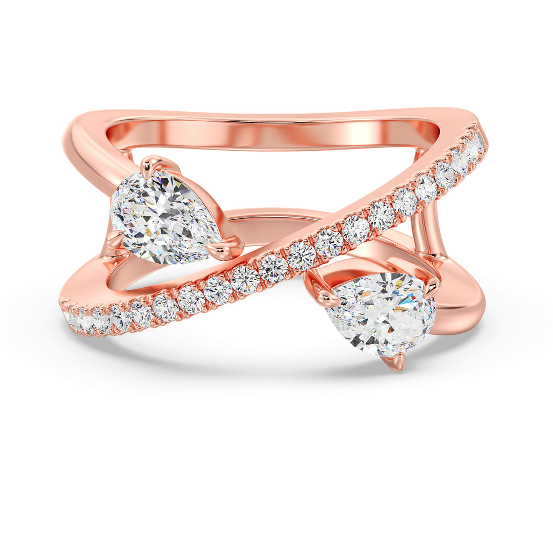 Elegant Pear-Shaped Lab-Grown Diamond Dual-Stone Twisted Ring in 18K Rose Gold, showcasing two 0.50-carat pear-cut diamonds and 21 sparkling round-cut side stones.