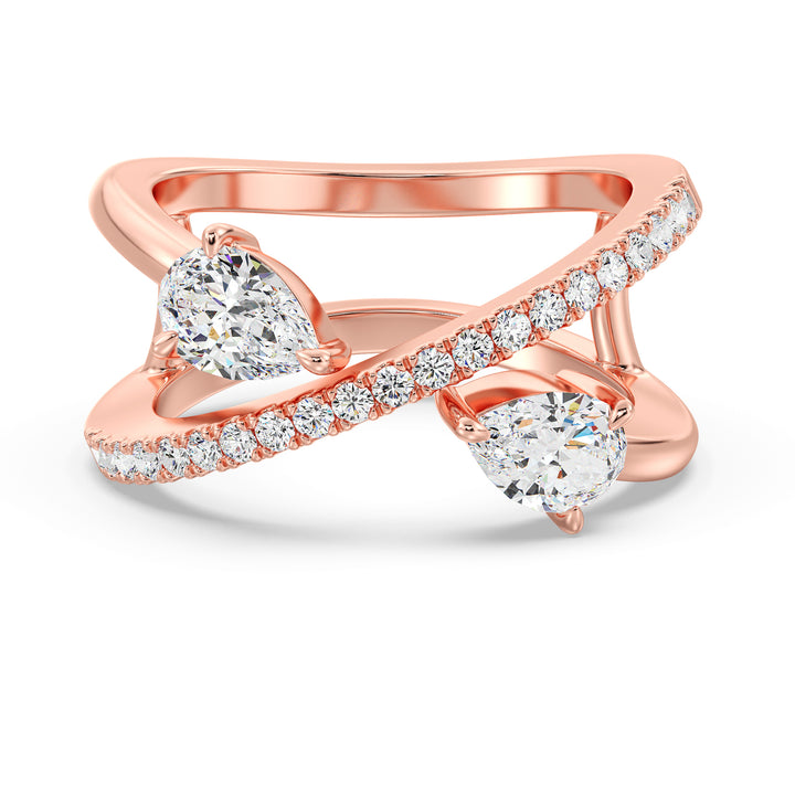Elegant Pear-Shaped Lab-Grown Diamond Dual-Stone Twisted Ring in 18K Rose Gold, showcasing two 0.50-carat pear-cut diamonds and 21 sparkling round-cut side stones.