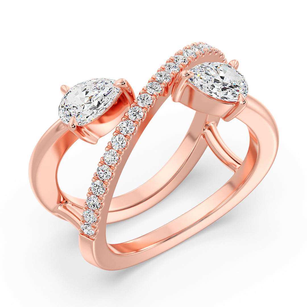 Elegant Pear-Shaped Lab-Grown Diamond Dual-Stone Twisted Ring in 18K Rose Gold, showcasing two 0.50-carat pear-cut diamonds and 21 sparkling round-cut side stones.
